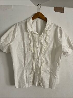 White Lace-Trim Button Front Top